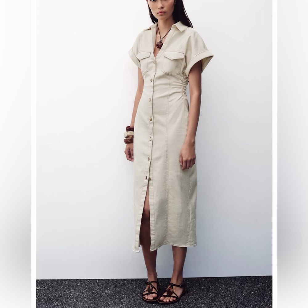 Zara Cream Button-Front Midi Dress size small